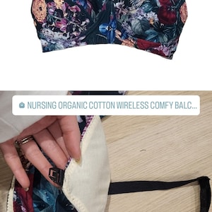 May include: A floral print nursing bra with black straps and a clasp closure. The bra has a built-in nursing panel that can be pulled down for easy access.