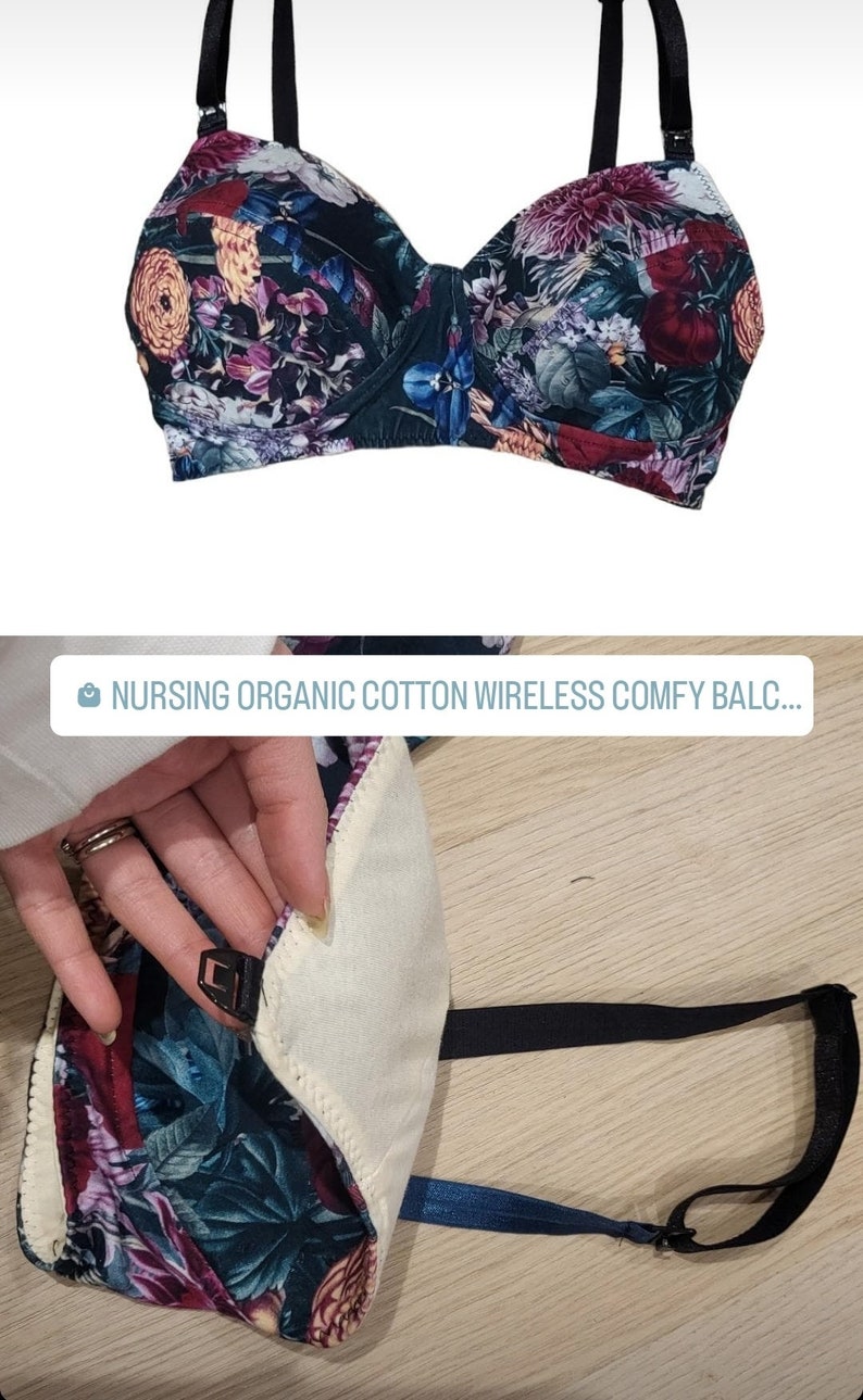 May include: A floral print nursing bra with black straps and a clasp closure. The bra has a built-in nursing panel that can be pulled down for easy access.