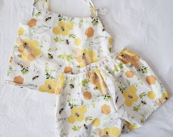 Bio-Baumwolle Pyjama Set: Biene, Vintage Blumen Katze, Blumendruck, High Waist Shorts
