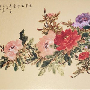 Collectable fine art, Chinese  water painting of peony/ peonies/ gold back