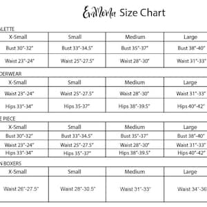 May include: Size chart for bralettes, underwear, one-piece garments, and men's boxers. The chart shows sizes from X-Small to X-Large with corresponding bust, waist, and hip measurements in inches.
