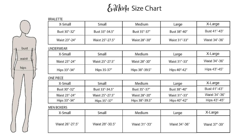 May include: Size chart for bralettes, underwear, one-piece garments, and men's boxers. The chart shows sizes from X-Small to X-Large with corresponding bust, waist, and hip measurements in inches.