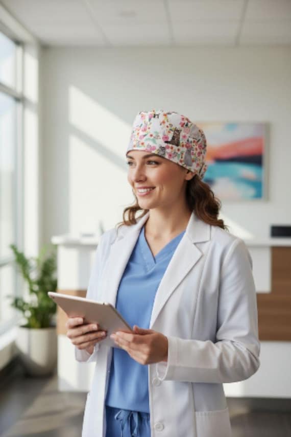 Organic Cotton Scrub Cap: Floral Cat Print, Doctor Nurse Hat