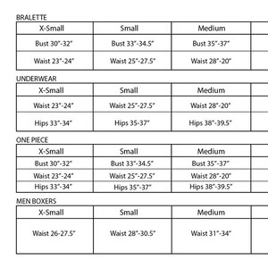 May include: A size chart for bralettes, underwear, one-piece garments, and men's boxers. The chart shows the measurements for X-Small, Small, Medium, and Large sizes in inches.