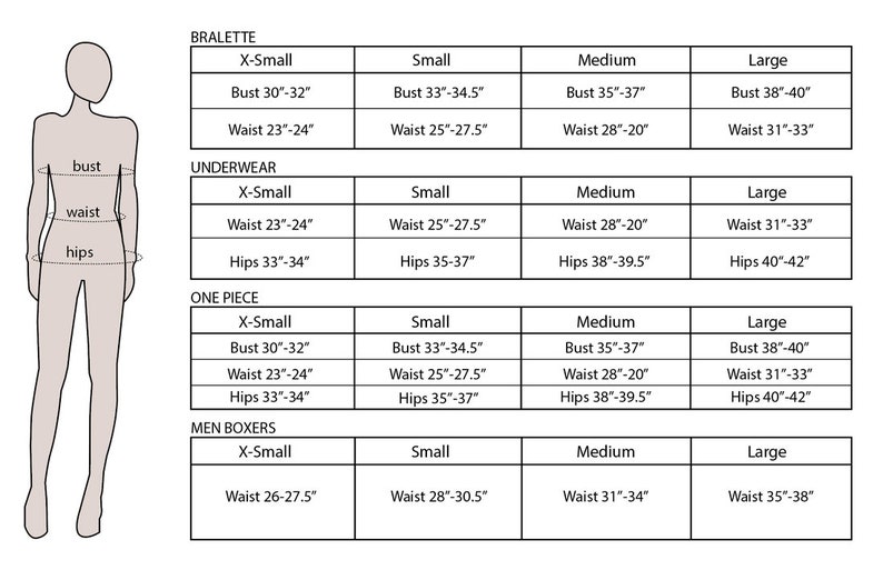 May include: A size chart for bralettes, underwear, one-piece garments, and men's boxers. The chart shows the measurements for X-Small, Small, Medium, and Large sizes in inches.