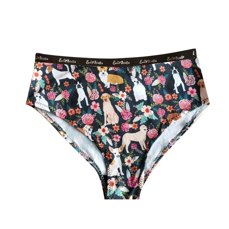 May include: Black high-waisted underwear with a floral print featuring various dog breeds. The waistband has the text "Ever Bella" repeated five times.