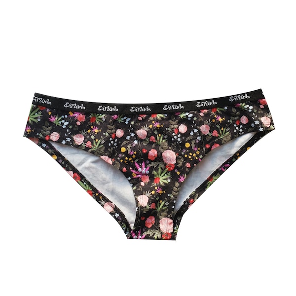 Sous-vêtements pour femmes en coton biologique à imprimé Ditzy cannabis et roses, string, joues, taille haute/imprimé herbe