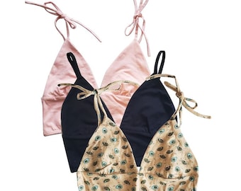 Three Pack Organic Cotton Bralette | for her| gift idea | comfy cotton bras | bundle | Avocado, pink, black