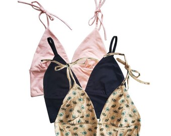 Organic Cotton Bralette Three Pack: Avocado, Pink, Black