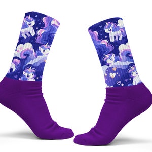 Colorful Unicorn socks with purple, lavender and pink mane. Crew Socks With hearts and stars in the design. Socks make a great gift for her.