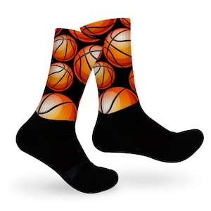 Basketball Crew length Socks, Sports socks, with orange basketballs. Christmas gift for him or her.