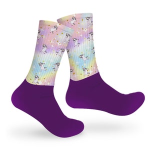 Unicorn design Socks, unicorns on a rainbow background, crew length socks