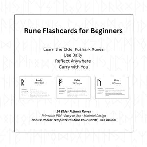 Peut inclure: Cartes blanches avec des runes Elder Futhark, dont Raido, Fehu et Uruz. Le texte "Rune Flashcards for Beginners" est en haut. Les cartes sont conçues pour une utilisation quotidienne et une portabilité facile. L'ensemble comprend 24 runes.