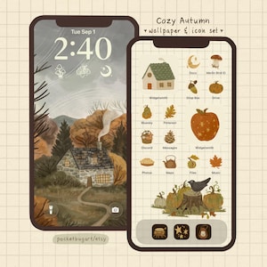 Pode incluir: Um conjunto de papéis de parede e ícones digitais intitulado Cozy Autumn wallpaper & icon set. O ecrã mostra uma casa de pedra numa paisagem florestal, com ícones de aplicações que incluem ilustrações de abóboras, folhas, cogumelos e um pássaro.