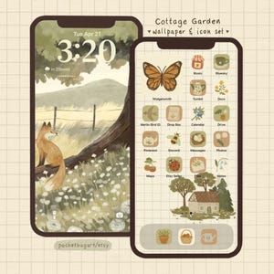 May include: A digital wallpaper and icon set with a cottage garden theme. The lock screen shows a fox sitting near a tree. The home screen features app icons with a butterfly, house, and other nature-inspired designs. Text reads "Cottage Garden wallpaper & icon set" and "pocketbugart/etsy."
