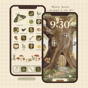 以下が含まれることがあります： 「Mossy Grove」の壁紙とアイコンセットを表示する2つのスマートフォン。1つはドアと窓のある木を表示し、もう1つはアプリのアイコンを表示します。「pocketbugart/etsy」のテキストが下にあります。