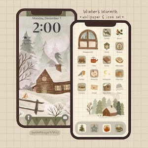 May include: A smartphone screen shows a winter-themed wallpaper and icon set. The wallpaper depicts a cabin in a snowy scene. The icon set includes app icons with winter and nature designs. Text on the screen reads "Winter's Warmth wallpaper & icon set."
