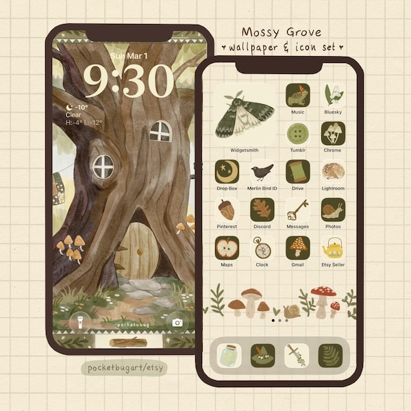 Mossy Grove app icon set | hand drawn theme for iOS and Android (Digital Download)