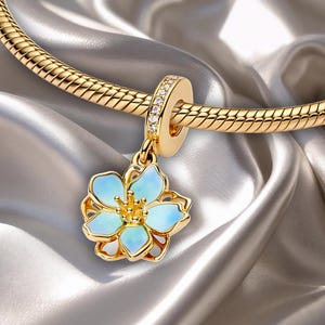 Blue Blossom Dangle Charm, 925 Sterling Silver, Charm for Bracelet, women Jewelry, gift for Her