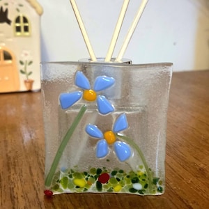 Fused Glass Reed Diffuser Bottle, Forget Me Not Blue Flower Fragrance Vase, Handmade Home Decor, Unique Bathroom Gift, Luxury Housewarming