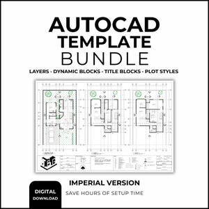 May include: An AutoCAD template bundle with architectural floor plans. The image shows detailed layouts with layers, dynamic blocks, title blocks, and plot styles. The text reads "IMPERIAL VERSION" and "SAVE HOURS OF SETUP TIME."
