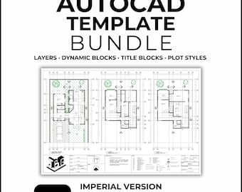 Può includere: Un pacchetto di modelli AutoCAD con planimetrie architettoniche. L'immagine mostra layout dettagliati con livelli, blocchi dinamici, blocchi titolo e stili di stampa. Il testo recita "IMPERIAL VERSION" e "SAVE HOURS OF SETUP TIME."