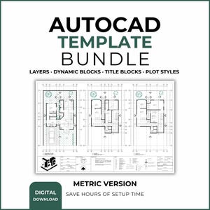 May include: An AutoCAD template bundle with architectural floor plans. The image features the text "AUTOCAD TEMPLATE BUNDLE" and "METRIC VERSION". The bundle includes layers, dynamic blocks, title blocks, and plot styles. The digital download saves setup time.