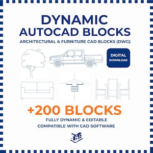 以下が含まれることがあります： ダイナミックAutoCADブロックを宣伝する青と白のグラフィック。画像には、木、トラック、ソファ、照明器具、ダイニングセットの線画が含まれています。テキストには「+200ブロック」、「完全にダイナミックで編集可能」が含まれています。デジタルダウンロード。