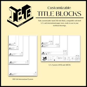 May include: Image of customizable title blocks for AutoCAD, featuring various paper sizes. The image includes both U.S. and international paper sizes, such as 11"x8.5", 17"x11", 24"x18", and 36"x24". The text reads "Customizable TITLE BLOCKS".