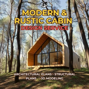 May include: A modern cabin design service is advertised in this image. The cabin has a wooden exterior and large glass windows. The text on the image reads "MODERN & RUSTIC CABIN DESIGN SERVICE" and "ARCHITECTURAL PLANS - STRUCTURAL PLANS - 3D MODELING."