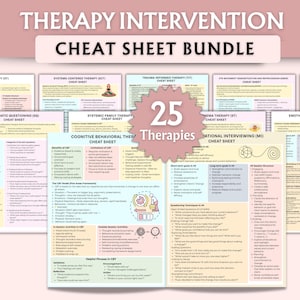 Puede incluir: Un conjunto de hojas de trucos de terapia con el título "Therapy Intervention Cheat Sheet Bundle". El conjunto incluye 25 tipos diferentes de terapia, como la terapia cognitivo-conductual y la terapia informada sobre el trauma. Las hojas están llenas de texto y diagramas.
