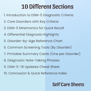May include: A light blue graphic with the title "10 Different Sections" in black. The image lists ten sections related to DSM-5 diagnostic criteria, including mnemonics, charts, and cheat sheets. The text "Self Care Sheets" is at the bottom.