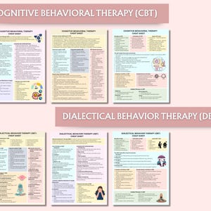 May include: A collection of six colorful CBT and DBT cheat sheets. The top banner reads "COGNITIVE BEHAVIORAL THERAPY (CBT)". The bottom banner reads "DIALECTICAL BEHAVIOR THERAPY (DBT)". The sheets contain text and illustrations.