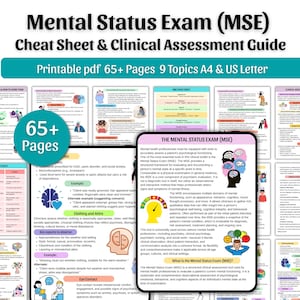 Puede incluir: Una guía digital titulada "Mental Status Exam (MSE)" con una pancarta turquesa. La guía incluye una hoja de trucos, una evaluación clínica y es imprimible en formato PDF. Cuenta con más de 65 páginas y cubre 9 temas, disponibles en tamaños A4 y US Letter.
