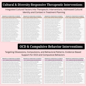 May include: A graphic with the title "Cultural & Diversity-Responsive Therapeutic Interventions" and "OCD & Compulsive Behavior Interventions." The image includes lists of therapeutic intervention statements.