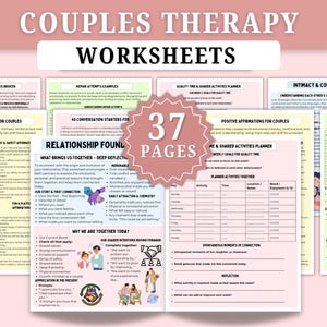 May include: A collection of printable couples therapy worksheets. The worksheets cover topics such as communication, intimacy, and shared activities. The image shows several pages with text and illustrations, including a planner and affirmations.