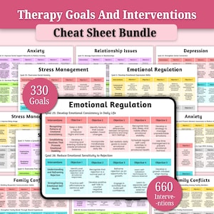 Può includere: Un pacchetto di foglietti di terapia con il titolo "Therapy Goals And Interventions Cheat Sheet Bundle". I foglietti trattano argomenti come ansia, problemi di relazione, gestione dello stress, regolazione emotiva, depressione e conflitti familiari. Il pacchetto include 330 obiettivi e 660 interventi.