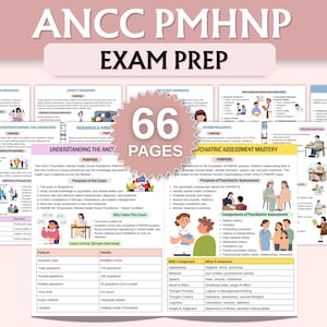 Könnte beinhalten: Ein Lernleitfaden für die ANCC PMHNP-Prüfung mit dem Text "EXAM PREP" und "66 PAGES". Der Leitfaden enthält Abschnitte zu Themen wie "Psychiatric Assessment Mastery" und "Psychopharmacology" mit detaillierten Informationen und Illustrationen.