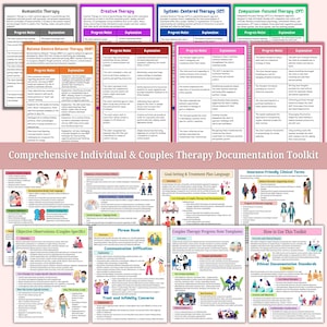 May include: A comprehensive therapy documentation toolkit with templates for individual and couples therapy. The image shows sections on therapeutic approaches, goal setting, and clinical terms. The toolkit is designed to assist therapists with documentation.