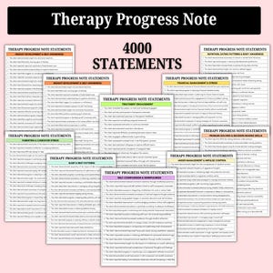 May include: A collection of therapy progress note statements, with the title "Therapy Progress Note" at the top. The image includes the text "4000 Statements" and various categories such as "Insight Development & Self Awareness" and "Treatment Engagement."