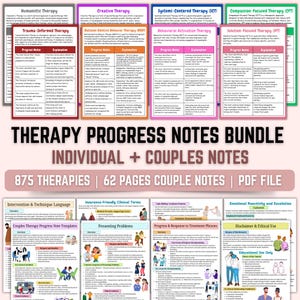 Puede incluir: Un paquete de notas de progreso de terapia con encabezados de varios colores, incluyendo Terapia Humanista, Creativa y Centrada en Sistemas. Las notas son para terapia individual y de pareja, con 875 terapias y 62 páginas de notas de pareja. El texto incluye "THERAPY PROGRESS NOTES BUNDLE".