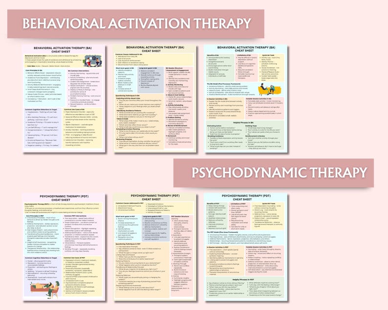May include: A collection of six colorful cheat sheets on a light pink background. The top row features "Behavioral Activation Therapy" with detailed information. The bottom row displays "Psychodynamic Therapy" cheat sheets. Each sheet is filled with text.