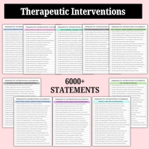 May include: A collection of printed cards with the title "Therapeutic Interventions" at the top. The cards are organized into categories such as "Sleep Disorders & Insomnia Interventions" and "Post-Traumatic Stress Disorder (PTSD) Interventions". The text "6000+ STATEMENTS" is also visible.