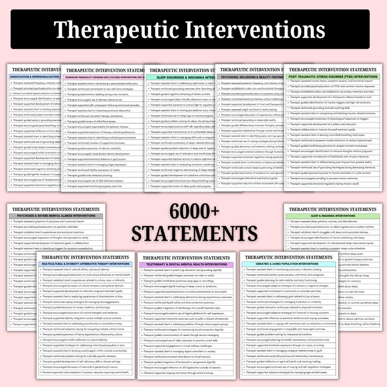 May include: A collection of printed cards with the title "Therapeutic Interventions" at the top. The cards are organized into categories such as "Sleep Disorders & Insomnia Interventions" and "Post-Traumatic Stress Disorder (PTSD) Interventions". The text "6000+ STATEMENTS" is also visible.