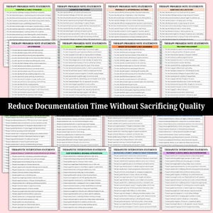 May include: A collection of therapy progress note statements, each with a different focus, such as parenting, cognitive functioning, and substance use. The text "Reduce Documentation Time Without Sacrificing Quality" is displayed in the center.