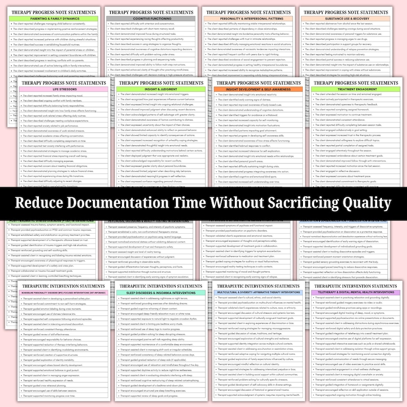 May include: A collection of therapy progress note statements, each with a different focus, such as parenting, cognitive functioning, and substance use. The text "Reduce Documentation Time Without Sacrificing Quality" is displayed in the center.
