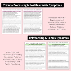 May include: A graphic with the text "Trauma Processing & Post-Traumatic Symptoms" and "Relationship & Family Dynamics." The image includes lists of therapy progress note statements, addressing trauma-related triggers, responses, and coping.