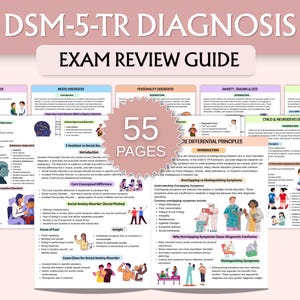May include: A collection of study guides for DSM-5-TR Diagnosis, Exam Review Guide. The guides cover topics like Mood Disorders, Personality Disorders, Anxiety, Trauma & OCD, and Child & Neurodevelopment. The guides have 55 pages.