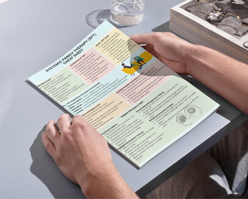 May include: A person holding a "Systemic Family Therapy (SFT) Cheat Sheet" with colorful sections and text. The sheet includes information on benefits, limitations, and activities related to SFT. A glass of water and eyeglasses are in the background.