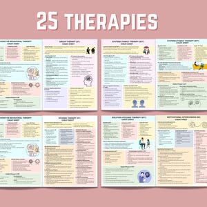 May include: A set of six colorful cheat sheets on a pink background, detailing 25 therapies. Each sheet features a different therapy type, including Cognitive Behavioral Therapy and Systemic Family Therapy, with bullet points and illustrations.